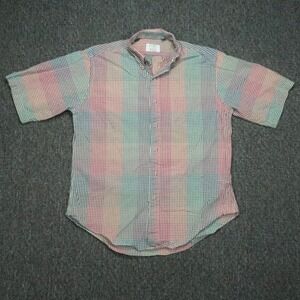 VINTAGE Gitman Bros Shirt‎ Mens Medium Green Blue Gingham Check Short Sleeve